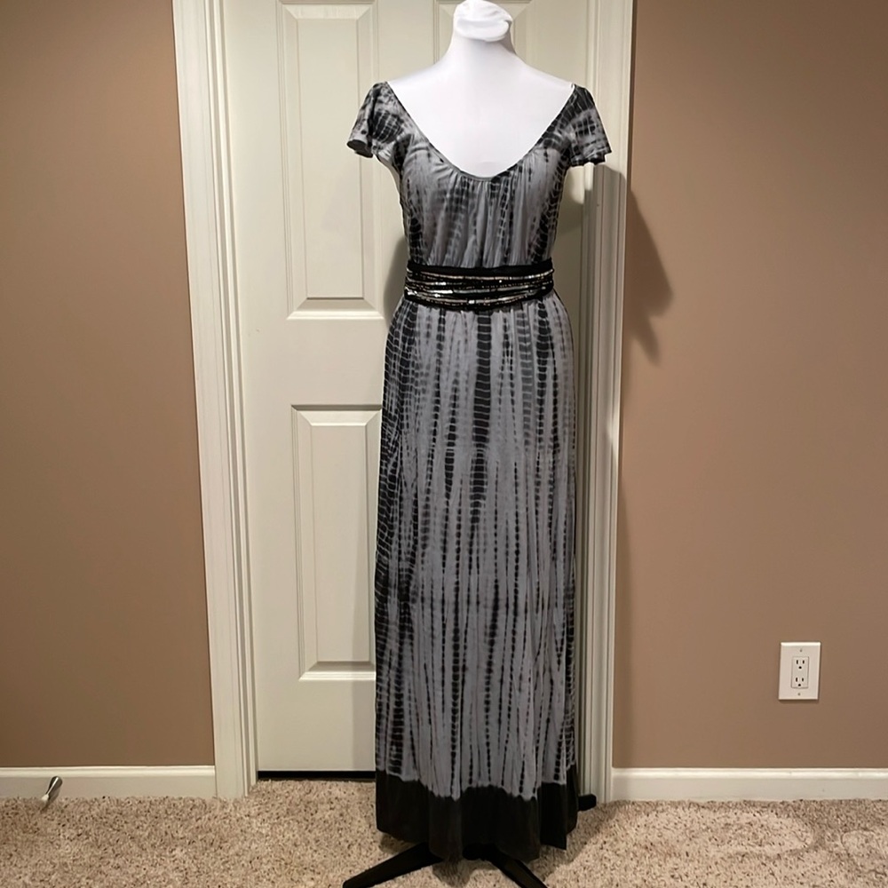 Tie dye Maxi Dress With Belt Flutter Sleeves Black Gray Size M